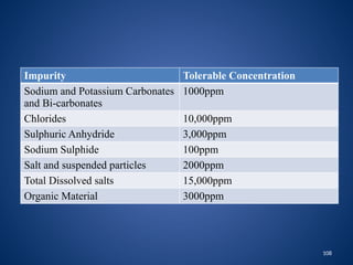 108
Impurity Tolerable Concentration
Sodium and Potassium Carbonates
and Bi-carbonates
1000ppm
Chlorides 10,000ppm
Sulphuric Anhydride 3,000ppm
Sodium Sulphide 100ppm
Salt and suspended particles 2000ppm
Total Dissolved salts 15,000ppm
Organic Material 3000ppm
 