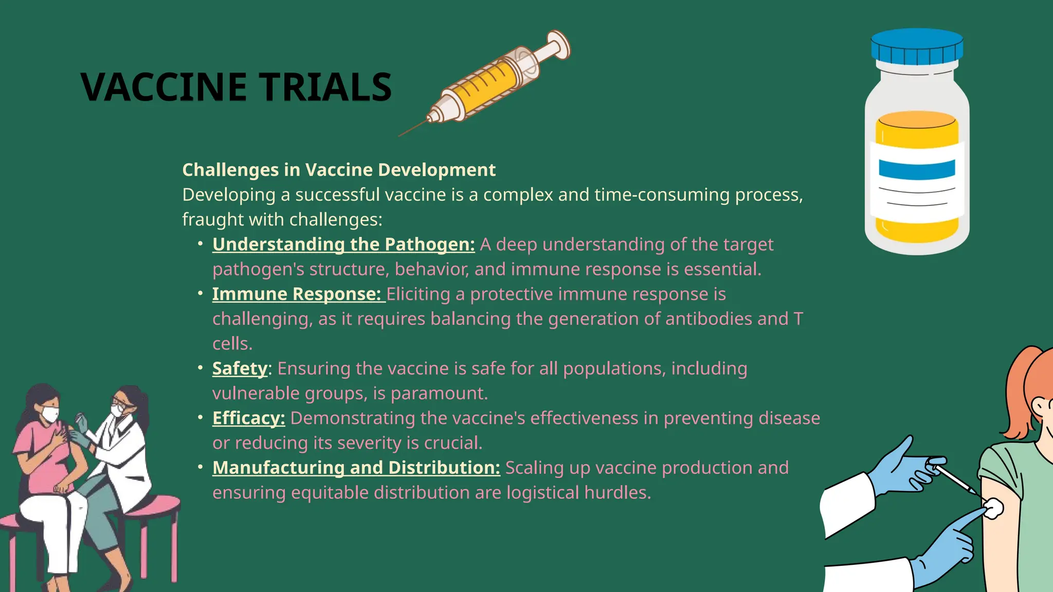VACCINE TRIALS
Challenges in Vaccine Development
Developing a successful vaccine is a complex and time-consuming process,
fraught with challenges:
• Understanding the Pathogen: A deep understanding of the target
pathogen's structure, behavior, and immune response is essential.
• Immune Response: Eliciting a protective immune response is
challenging, as it requires balancing the generation of antibodies and T
cells.
• Safety: Ensuring the vaccine is safe for all populations, including
vulnerable groups, is paramount.
• Efficacy: Demonstrating the vaccine's effectiveness in preventing disease
or reducing its severity is crucial.
• Manufacturing and Distribution: Scaling up vaccine production and
ensuring equitable distribution are logistical hurdles.
 