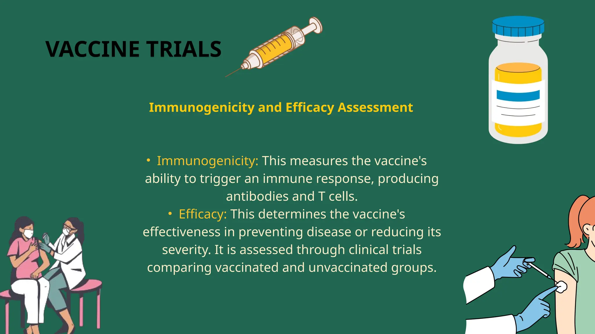 VACCINE TRIALS
Immunogenicity and Efficacy Assessment
• Immunogenicity: This measures the vaccine's
ability to trigger an immune response, producing
antibodies and T cells.
• Efficacy: This determines the vaccine's
effectiveness in preventing disease or reducing its
severity. It is assessed through clinical trials
comparing vaccinated and unvaccinated groups.
 
