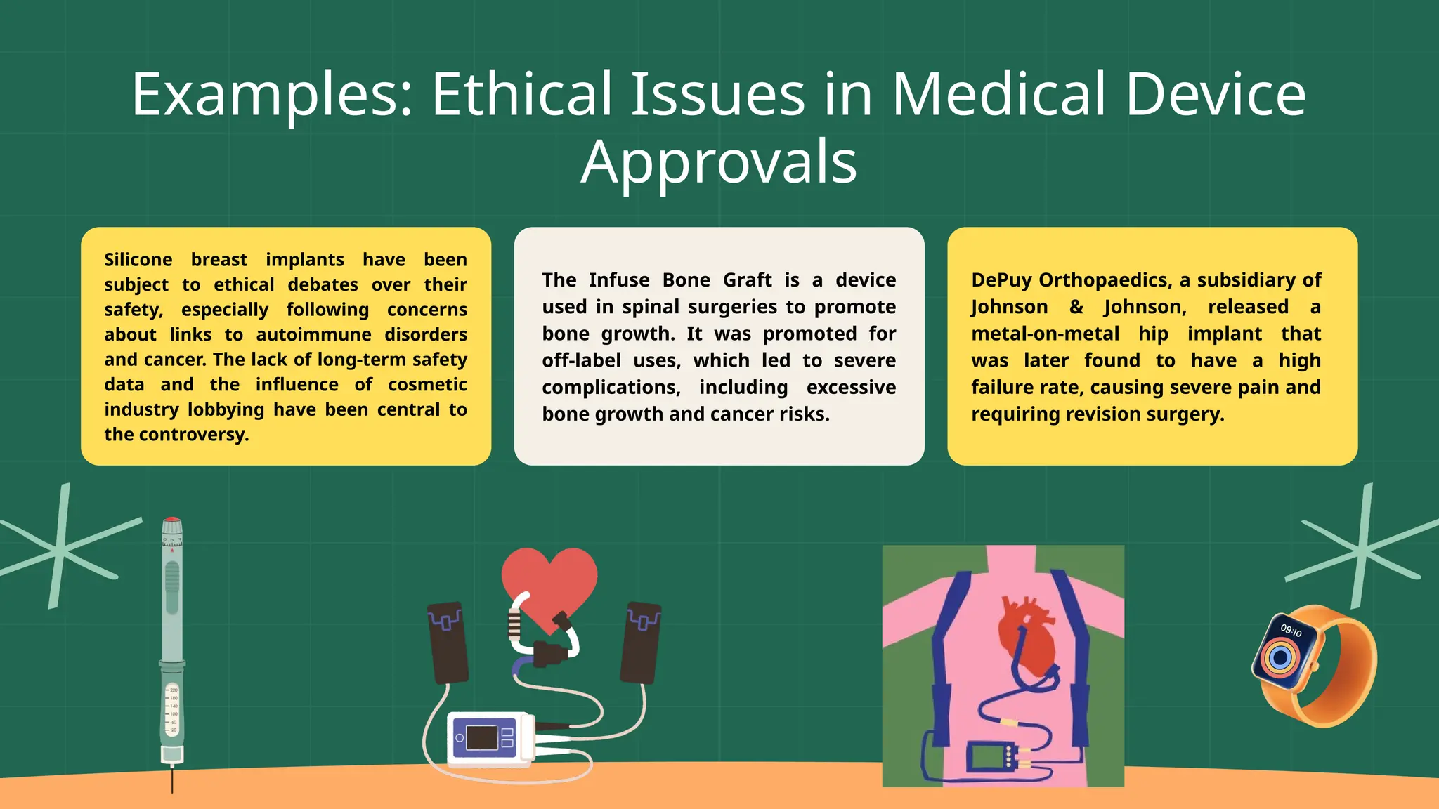 Silicone breast implants have been
subject to ethical debates over their
safety, especially following concerns
about links to autoimmune disorders
and cancer. The lack of long-term safety
data and the influence of cosmetic
industry lobbying have been central to
the controversy.
The Infuse Bone Graft is a device
used in spinal surgeries to promote
bone growth. It was promoted for
off-label uses, which led to severe
complications, including excessive
bone growth and cancer risks.
DePuy Orthopaedics, a subsidiary of
Johnson & Johnson, released a
metal-on-metal hip implant that
was later found to have a high
failure rate, causing severe pain and
requiring revision surgery.
Examples: Ethical Issues in Medical Device
Approvals
 