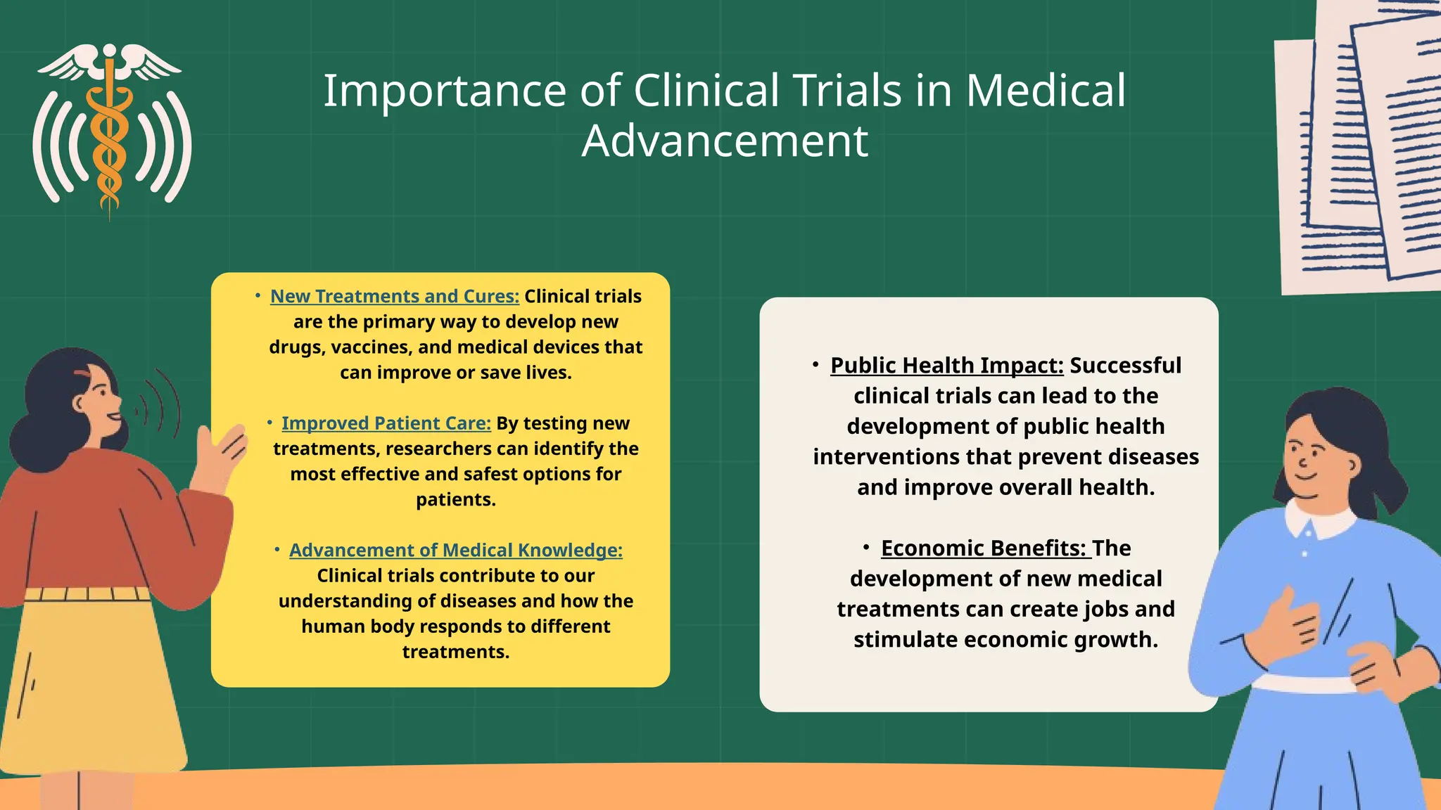 • Public Health Impact: Successful
clinical trials can lead to the
development of public health
interventions that prevent diseases
and improve overall health.
• Economic Benefits: The
development of new medical
treatments can create jobs and
stimulate economic growth.
• New Treatments and Cures: Clinical trials
are the primary way to develop new
drugs, vaccines, and medical devices that
can improve or save lives.
• Improved Patient Care: By testing new
treatments, researchers can identify the
most effective and safest options for
patients.
• Advancement of Medical Knowledge:
Clinical trials contribute to our
understanding of diseases and how the
human body responds to different
treatments.
Importance of Clinical Trials in Medical
Advancement
 