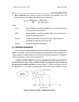 3.4 Communication Theory
 Baye’s Theorem: Baye’s theorem or Baye’s rule describes the probability of an event
based onthe prior knowledge ofthe related event. It is defined as:

P(B/A )P(A ) P(B/A )P(A )
P(A / B)= =
P(B) P(B/A )P(A )
i i i i
i k
i i
i =1
where,
P(Ai
)  Prior probabilityor MarginalprobabilityofA, as it does not takes into
account anyinformationabout B.
P(B)  Prior probabilityor marginalprobabilityofB,as it does not takes into
account anyinformation aboutA.
P(Ai
/B)  ConditionalprobabilityofAgiven B. It is also called as posterior
probability, as it depends on the value ofB
P(B/Ai
)  ConditionalprobabilityofB givenA
3.2 RANDOM VARIABLES
Theoutcomesofarandomexperimentarenottheconvenientrepresentationformathematical
analysis. Forexample, ‘Head’and ‘Tail’intossing the coinexperiment.It willbeconvenient, ifwe
assign a number or a range ofvalues to the outcomes ofa randomexperiment. For example, a
‘Head’corresponds to 1 and a ‘Tail’corresponds to 0.
A random variable is defined as a process of mapping the sample space Q to the set
of real numbers. In other words, a random variable is an assignment of real numbers to
the outcomes of a random experiment as shown in Figure 3.1.Randomvariables are denoted
bycapitalletters, i.e., X, Y, andso on, and individualvaluesofthe randomvariableX are X(w).
Figure 3.1 Random variable  Mapping from Q to R
Random
Experiment
Sample Space Q
2
1 3 4
R
X( )
2 X( )
1 X( )
3 X( )
4
Real Numbers
EC8491: Communication Theory Department of ECE
 