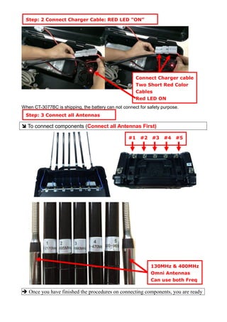 When CT-3077BC is shipping, the battery can not connect for safety purpose.
 To connect components (Connect all Antennas First)
 Once you have finished the procedures on connecting components, you are ready
Step: 3 Connect all Antennas
All antennas
Connect Charger cable
Two Short Red Color
Cables
Red LED ON
Step: 2 Connect Charger Cable: RED LED “ON”
All antennas
#1 #2 #3 #4 #5
130MHz & 400MHz
Omni Antennas
Can use both Freq
 
