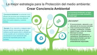 La mejor estrategia para la Protección del medio ambiente:
Crear Conciencia Ambiental
Conciencia Ambiental, es entender como
influyen las acciones que cometemos cada
día en el ambiente y como eso afecta el
futuro de nuestro espacio y nuestras
familias.
La Conciencia Ambiental, se logra
con educación en todo momento y
en todo lugar
¿Qué enseñar?
 El reconocimiento, valoración y uso
adecuado de los recursos naturales.
 Crear acciones encaminadas al
reciclaje y reutilización, iniciadas
desde el hogar y sitios de trabajo.
 Minimizar la compra
de productos que realmente no
necesitamos, beneficiando por un
lado el ahorro familiar y por otro
fomentando el consumo
ambientalmente responsable.
Ejemplo: Si yo, derrocho o malgasto algún
recurso natural, como puede ser el agua,
mañana cuando quiera volver a utilizarlo ya
no voy a poder, por no conservar y hacer
conciencia en el uso racional de este
recurso tan importante para la vida
humana.
 
