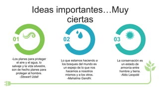 Ideas importantes…Muy
ciertas
01
-Los planes para proteger
el aire y el agua, lo
salvaje y la vida silvestre,
son de hecho planes para
proteger al hombre.
-Stewart Udall
02
Lo que estamos haciendo a
los bosques del mundo es
un espejo de lo que nos
hacemos a nosotros
mismos y a los otros.
-Mahatma Gandhi.
03
La conservación es
un estado de
armonía entre
hombre y tierra.
-Aldo Leopold
 