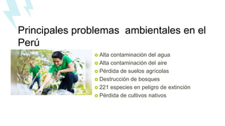 Principales problemas ambientales en el
Perú
 Alta contaminación del agua
 Alta contaminación del aire
 Pérdida de suelos agrícolas
 Destrucción de bosques
 221 especies en peligro de extinción
 Pérdida de cultivos nativos
 