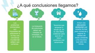 ¿A qué conclusiones llegamos?
Los
problemas
ambientales
son
imposibles de
solucionar si
no hay una
conciencia
mundial del
peligro que
corremos .
La búsqueda
de soluciones
deben ser
tratadas de
inmediato, no
en el future.
Tenemos que
empezar a
actuar ya, en
la vida diaria,
colaborar para
que en un
futuro
podamos vivir
sanamente.
Incluir una
educación
ambiental que
enseñe formas
para conservar y
mejorar la
calidad del
medio ambiente
y los recursos
que este nos
brinda.
 