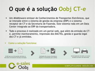 O que é a solução Oobj CT-e
   Um Middleware emissor de Conhecimentos de Transportes Eletrônicos, que
    se interpõe entre o sistema de gestão da empresa (ERP) e o sistema
    receptor de CT-e da Secretaria de Fazenda. Este sistema roda em um Data
    Center integrado ao ERP da transportadora.
   Todo o processo é realizado em um portal web, que além da emissão do CT-
    e, permite monitoramento, impressão dos DACTEs, gestão e guarda legal
    dos CT-e já emitidos.

   Como a solução funciona:
 