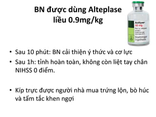 BN được dùng Alteplase
liều 0.9mg/kg
• Sau 10 phút: BN cải thiện ý thức và cơ lực
• Sau 1h: tỉnh hoàn toàn, không còn liệt tay chân
NIHSS 0 điểm.
• Kíp trực được người nhà mua trứng lộn, bò húc
và tấm tắc khen ngợi
 