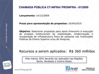 CHAMADA PÚBLICA CT-INFRA/ PROINFRA - 01/200 9   Lançamento:  14 /1 2 /200 9 Prazo para apresentação de propostas:   16 /0 4 /20 10 Objetivo:  Selecionar propostas para apoio financeiro à execução de projetos institucionais de   implantação, modernização e recuperação de infraestrutura física de pesquisa nas   Instituições Públicas de Ensino Superior e/ou de Pesquisa. Recursos a serem aplicados:  R$ 360 milhões Pelo menos 30% deverão ser aplicados nas Regiões  Norte, Nordeste e Centro-Oeste. 