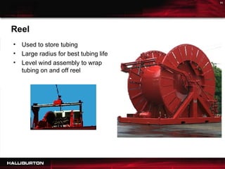 Used to store tubing Large radius for best tubing life Level wind assembly to wrap tubing on and off reel Reel 