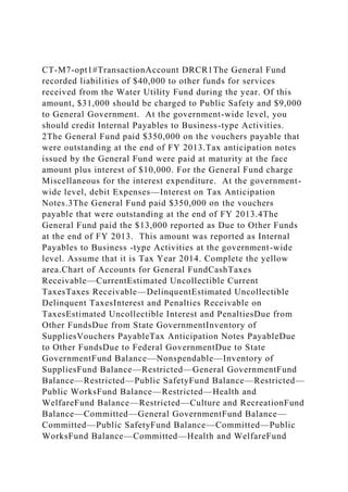 CT-M7-opt1#TransactionAccount DRCR1The General Fund
recorded liabilities of $40,000 to other funds for services
received from the Water Utility Fund during the year. Of this
amount, $31,000 should be charged to Public Safety and $9,000
to General Government. At the government-wide level, you
should credit Internal Payables to Business-type Activities.
2The General Fund paid $350,000 on the vouchers payable that
were outstanding at the end of FY 2013.Tax anticipation notes
issued by the General Fund were paid at maturity at the face
amount plus interest of $10,000. For the General Fund charge
Miscellaneous for the interest expenditure. At the government-
wide level, debit Expenses—Interest on Tax Anticipation
Notes.3The General Fund paid $350,000 on the vouchers
payable that were outstanding at the end of FY 2013.4The
General Fund paid the $13,000 reported as Due to Other Funds
at the end of FY 2013. This amount was reported as Internal
Payables to Business -type Activities at the government-wide
level. Assume that it is Tax Year 2014. Complete the yellow
area.Chart of Accounts for General FundCashTaxes
Receivable—CurrentEstimated Uncollectible Current
TaxesTaxes Receivable—DelinquentEstimated Uncollectible
Delinquent TaxesInterest and Penalties Receivable on
TaxesEstimated Uncollectible Interest and PenaltiesDue from
Other FundsDue from State GovernmentInventory of
SuppliesVouchers PayableTax Anticipation Notes PayableDue
to Other FundsDue to Federal GovernmentDue to State
GovernmentFund Balance—Nonspendable—Inventory of
SuppliesFund Balance—Restricted—General GovernmentFund
Balance—Restricted—Public SafetyFund Balance—Restricted—
Public WorksFund Balance—Restricted—Health and
WelfareFund Balance—Restricted—Culture and RecreationFund
Balance—Committed—General GovernmentFund Balance—
Committed—Public SafetyFund Balance—Committed—Public
WorksFund Balance—Committed—Health and WelfareFund
 