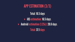 APP ESTIMATION (3/3)
Total: 16.5 days
▸ iOS estimation: 16.5 days.
▸ Android estimation (1.25x): 20.6 days.
Total: 37.1 days
 