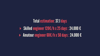 Total estimation: 37.1 days
▸ Skilled engineer 120€/h x 25 days : 24.000 €
▸ Amateur engineer 60€/h x 50 days : 24.000 €
 