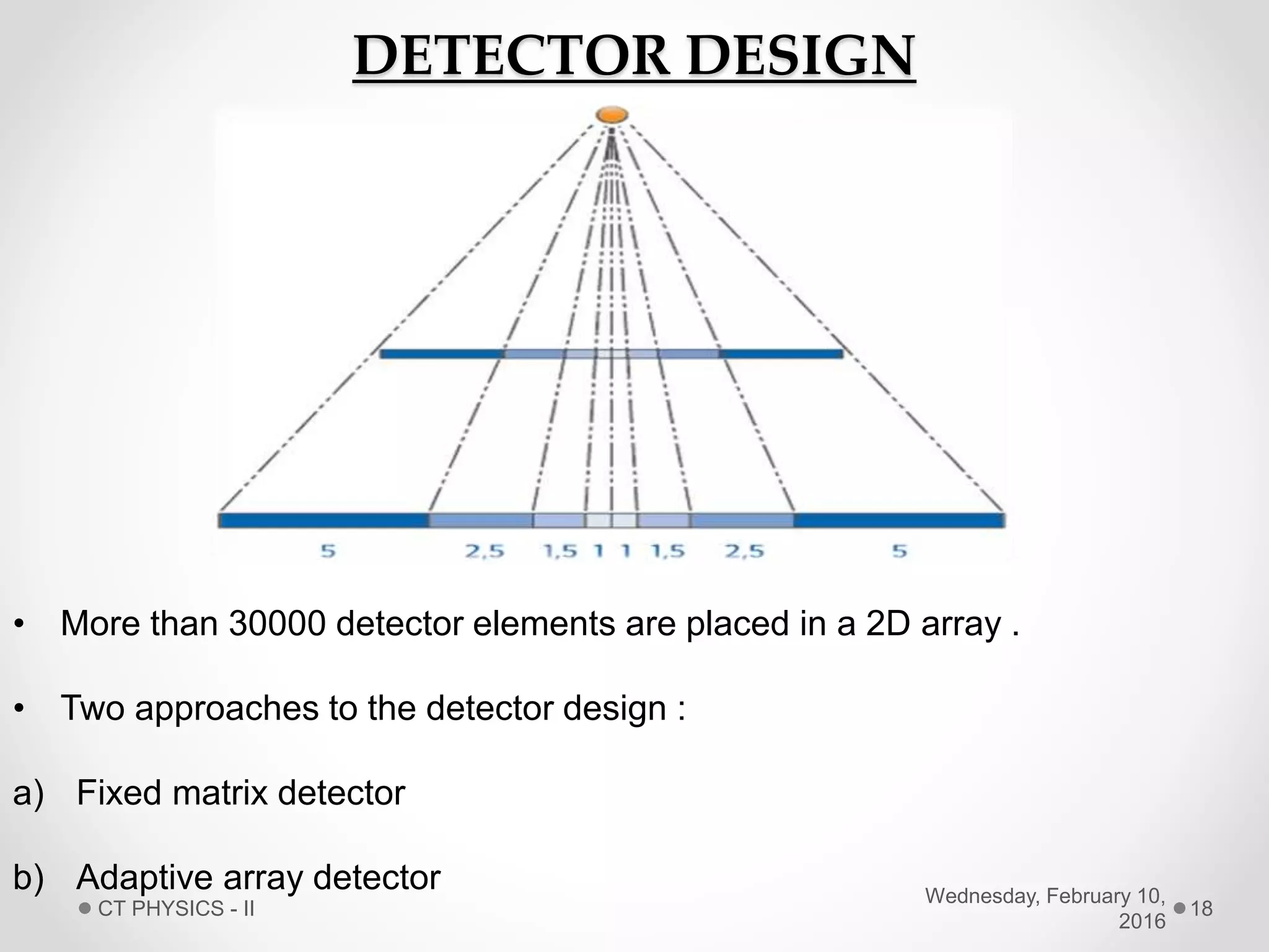 DETECTOR DESIGN
• More than 30000 detector elements are placed in a 2D array .
• Two approaches to the detector design :
a) Fixed matrix detector
b) Adaptive array detector Wednesday, February 10,
2016
CT PHYSICS - II 18
 