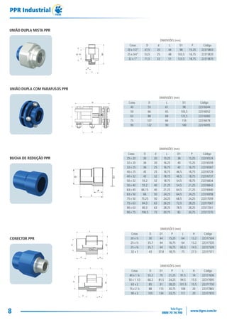 8
PPR Industrial
DIMENSÕES (mm)
Cotas D L D1 Código
40 55 61 98 22316044
50 66 65 103,5 22316052
63 88 68 123,5 22316060
75 107 66 155 22316079
90 122 90 180 22316095
UNIÃO DUPLA COM PARAFUSOS PPR
DIMENSÕES (mm)
Cotas D D1 P L H Código
20 x ½ 30 44 15,25 64 13.2 22317504
25 x ½ 35.7 44 16,75 64 13.2 22317520
25 x ¾ 35.7 44 16,75 65.5 14.5 22317539
32 x 1 43 57.8 18,75 75 27.5 22317571
DIMENSÕES (mm)
Cotas D D1 P L H Código
40 x 1 ¼ 55.2 70 21,25 91.5 14 22317636
50 x 1 1/2 66.2 81.5 24,25 94.5 15.5 22317695
63 x 2 85 91 28,25 101.5 15.5 22317750
75 x 2 ½ 88 115 30,75 108 20 22317865
90 x 3 105 134 33,75 111 20 22317970
CONECTOR PPR
DIMENSÕES (mm)
Cotas D d L D1 P Código
25 x 20 30 20 15.25 38 15,25 22316524
32 x 20 36 20 16.25 40 15,25 22316559
32 x 25 36 25 16.75 43 16,75 22316567
40 x 25 43 25 16.75 46.5 16,75 22316729
40 x 32 43 32 18.75 46.5 18,75 22316737
50 x 32 55.2 32 18.75 54.5 18,75 22316834
50 x 40 55.2 40 21.25 54.5 21,25 22316842
63 x 40 66.15 40 21.25 64.5 21,25 22316940
63 x 50 66 50 24.25 64.5 24,25 22316958
75 x 50 75.25 50 24.25 68.5 24,25 22317059
75 x 63 84.3 63 26.25 72.5 28,25 22317067
90 x 63 80.3 63 28.25 78.5 28,25 22317261
90 x 75 106.5 75 30.75 82 30,75 22317270
BUCHA DE REDUÇÃO PPR
D1
DIMENSÕES (mm)
Cotas D d L D1 P Código
20 x 1/2” 47,5 20 44 98 15,25 22315803
25 x 3/4” 53,5 25 48 103,5 16,75 22315820
32 x 1” 71,5 32 51 123,5 18,75 22315870
UNIÃO DUPLA MISTA PPR
TG-115-11 CATALOGO TECNICO PPR1.indd 8TG-115-11 CATALOGO TECNICO PPR1.indd 8 14/04/16 09:4214/04/16 09:42
 