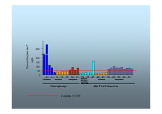 2 4 6 8 10 12 14 16 18 20 22 24 26 28 30 32 34 
800 
200 
150 
100 
50 
0 
Concentrações de P 
ug/L 
TTTTrrrriiiibbbbuuuuttttáááárrrriiiioooossss SSSSiiiisssstttteeeemmmmaaaa 
IIIImmmmppppaaaaccccttttoooossss PPPPeeeessssqqqquuuueeeeiiiirrrroooossss IIIImmmmppppaaaaccccttttoooossss PPPPeeeessssqqqquuuueeeeiiiirrrroooossss 
PPPPrrrroooodddduuuuttttoooorrrr 
AAAAllllttttoooo TTTTiiiieeeettttêêêê 
Guarapiranga Alto Tietê Cabeceiras 
Conama 357/05 
 