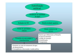 Eutrofização 
artificial 
Mudanças na qualidade 
da água 
Redução de OD Biodiversidade aquática 
Morte extensiva de 
peixes 
Perda de qualidades 
cênicas 
Florações de microalgas e 
cianobactérias 
Fatores que influenciam as florações 
•Carga de nutrientes 
•Tempo de retenção 
•Estratificação 
•Temperatura 
•Aumento no custo do tratamento da água 
de abastecimento 
•Conseqüências relacionadas à saúde publica 
 