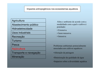 Impactos antropogênicos nos ecossistemas aquáticos 
Agricultura Afeta o ambiente de acordo com a 
Abastecimento público 
Hidroeletrecidade 
Usos industriais 
Recreação 
Turismo 
Pesca 
Aqüicultura 
Transporte e navegação 
Mineração 
modalidade com a qual o cultivo é 
pratidado: 
• Extensiva 
• Semi-intensiva 
• Intensiva 
Problemas ambientais potencialmente 
associados aos cultivos aquáticos: 
•Alteração da paisagem 
•Deterioração da qualidade da água 
•Impactos sobre a diversidade aquática 
 