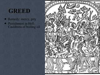 GREED Remedy: mercy, pity Punishment in Hell: Cauldrons of boiling oil 