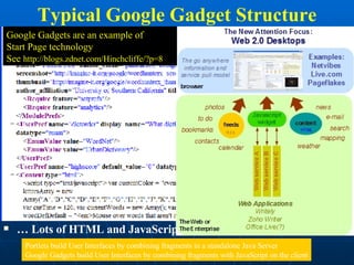 Typical Google Gadget Structure …  Lots of HTML and JavaScript </Content> </Module> Portlets build User Interfaces by combining fragments in a standalone Java Server Google Gadgets build User Interfaces by combining fragments with JavaScript on the client Google Gadgets are an example of  Start Page technology See  http://blogs.zdnet.com/Hinchcliffe/?p=8   