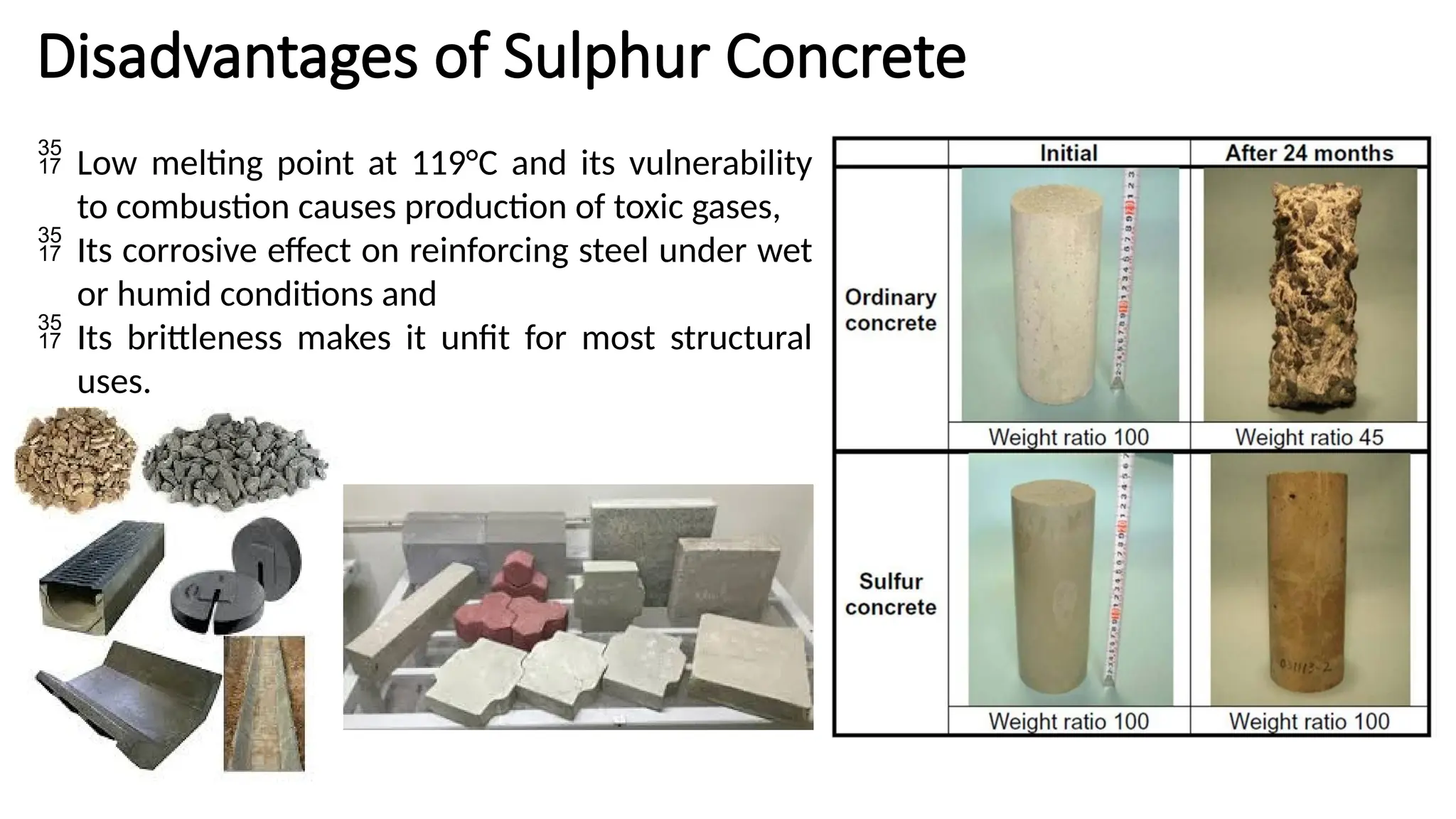 Disadvantages of Sulphur Concrete
 Low melting point at 119°C and its vulnerability
to combustion causes production of toxic gases,
 Its corrosive effect on reinforcing steel under wet
or humid conditions and
 Its brittleness makes it unfit for most structural
uses.
 