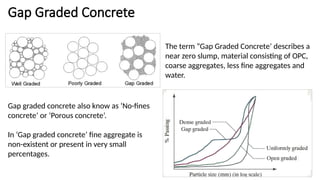 Gap Graded Concrete
The term “Gap Graded Concrete’ describes a
near zero slump, material consisting of OPC,
coarse aggregates, less fine aggregates and
water.
Gap graded concrete also know as ‘No-fines
concrete’ or ‘Porous concrete’.
In ‘Gap graded concrete’ fine aggregate is
non-existent or present in very small
percentages.
 