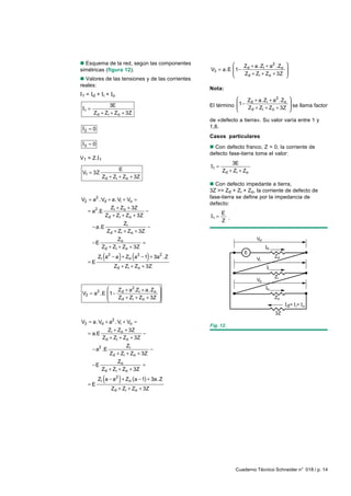 n Esquema de la red, según las componentes                                            
                                                               Z + a. Zi + a2 . Zo
simétricas (figura 12).                          V3 = a.E  1 − d                      
                                                               Zd + Zi + Zo + 3Z      
                                                                                      
n Valores de las tensiones y de las corrientes
reales:
                                                 Nota:
I 1 = Id + I i + Io
                                                                 Zd + a.Zi + a 2 .Zo      
             3E                                  El término  1 − Z + Z + Z + 3Z
                                                                                           se llama factor
                                                                                           
 I1 =                                                             d    i    o             
      Zd + Zi + Zo + 3Z
                                                 de «defecto a tierra». Su valor varía entre 1 y
 I2 = 0                                          1,8.
                                                 Casos particulares
 I3 = 0
                                                 n Con defecto franco, Z = 0, la corriente de
                                                 defecto fase-tierra toma el valor:
V1 = Z.I1
                                                             3E
                                                 I1 =
 V1 = 3Z
                 E                                      Z d + Zi + Z o
         Zd + Zi + Zo + 3Z
                                                 n Con defecto impedante a tierra,
                                                 3Z >> Zd + Zi + Zo, la corriente de defecto de
                                                 fase-tierra se define por la impedancia de
V2 = a2 . Vd + a. Vi + Vo =
                                                 defecto:
                   Zi + Zo + 3Z
    = a2.E                         −                    E
                 Zd + Zi + Zo + 3Z               I1 =     .
                                                        Z
                         Zi
      − a.E                        −
                 Zd + Zi + Zo + 3Z
                    Zo                                                   Vd
      −E                      =
            Zd + Zi + Zo + 3Z                                                 d

             (           )     (       )
                                                                   E
          Zi a − a + Zo a − 1 + 3a . Z
                  2                2       2
                                                                         Vi
                                                                                  Zd
    =E
                       Zd + Zi + Zo + 3Z                                      i

                                                                                  Zi
                                                                         Vo
                Z + a2.Zi + a. Zo                                           o
 V2 = a2 .E  1 − d                        
                Zd + Zi + Zo + 3Z                                               Zo
                                          
                                                                                        d = i=   o

                                                                                  3Z
V3 = a. Vd + a2 . Vi + Vo =
                                                 Fig. 12.
            Zi + Zo + 3Z
    = a.E                   −
          Zd + Zi + Zo + 3Z
                          Zi
      − a2 .E                       −
                  Zd + Zi + Zo + 3Z
                   Zo
      −E                     =
           Zd + Zi + Zo + 3Z

    =E
             (           )
          Zi a − a 2 + Zo (a − 1) + 3a. Z
                      Zd + Zi + Zo + 3Z




                                                               Cuaderno Técnico Schneider n° 018 / p. 14
 