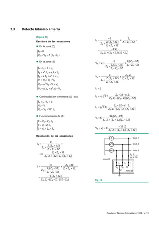 3.3   Defecto bifásico a tierra

               (figura 13)
                                                                           −E                  Zi
                                                             Io =                       x              =
               Escritura de las ecuaciones                               Zi ( Zo + 3Z )   Zi + Zo + 3Z
                                                                    Zd +
               n En la zona (D)                                          Zi + Zo + 3Z
                                                                                  − E Zi
               I1 = 0
                                                               =
                                                                   Z d .Zi + ( Z d + Zi ) (3Z + Zo )
                V2 = V3 = Z ( I2 + I3 )
               

               n En la zona (S)                                                    E              Zi ( Zo + 3Z )
                                                             Vd = Vi =                          x
                                                                                Zi ( Z o + 3Z )   Zi + Zo + 3Z
                                                                           Zd +
               I1 = I d + Ii + Io                                              Zi + Zo + 3Z
               
               I 2 = a . I d + a. Ii + Io
                        2

                                                                           E                 Zo .Zi
               I3 = a. I d + a . Ii + Io
                                2
                                                             Vo =                       x
                                                                        Zi ( Zo + 3Z )   Zi + Zo + 3Z
                V1 = Vd + Vi + Vo                                  Zd +
                                                                        Zi + Zo + 3Z
                V2 = a .Vd + Vi + Vo
                         2

                V = a.V + a2. V + V                         I1 = 0
                3         d          i    o


                                                                                      Zo + 3Z − a.Zi
               n Continuidad en la frontera (D) - (S)        I2 = − j 3 E
                                                                               Zd .Zi + ( Zd + Zi )( Zo + 3Z )
                I d + Ii + I o = 0
               
                Vd = Vi                                                            Zo + 3Z − a2 .Zi
                V = V + 3 Z. I                              I3 = j 3 E
                o        d         o
                                                                              Zd .Zi + ( Zd + Zi )( Zo + 3Z )

               n Funcionamiento de (S)                                         3Zi ( Zo + 2Z )
                                                             V1 = E
                                                                        Zd .Zi + ( Zd + Zi )( Zo + 3Z )
               E = Vd + Zd . I d
               
               0 = Vi + Zi . Ii                                                          − 3Z. Zi
               0 = V + Z + I                                V2 = V3 = E
                    o      o     o                                           Zd .Zi + ( Zd + Zi ) ( Zo + 3Z )

               Resolución de las ecuaciones
                                                                                 E                            fase 1

                              E
               Id =                       =                                    a2E                            fase 2
                           Zi ( Zo + 3Z )
                      Zd +
                           Zi + Zo + 3Z
                                                                                 aE                           fase 3
                                 Zi + Zo + 3Z
                  =E
                         Zd .Zi + (3Z + Zo )( Zd + Zi )                                                  d, i, o,
                                                                                                        Vd ,Vi , Vo
                                                                        zona S
                                                                                           3      2       1
                             −E               Zo + 3Z
               Ii =                       x              =
                           Zi ( Zo + 3Z )
                                                                                      V3        V2 V1
                                            Zi + Zo + 3Z
                      Zd +                                                                     Z   zona D
                           Zi + Zo + 3Z
                              −E ( Zo + 3Z )
                 =
                      Zd .Zi + ( Zd + Zi ) (3Z + Zo )        Fig. 13.




                                                                            Cuaderno Técnico Schneider n° 018 / p. 15
 