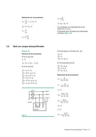 Resolución de las ecuaciones                                           E
                                                                          I3 = a
                                                                                     Zd
                     E
              Id =         y Ii = I o = 0
                     Zd
                                                                          V1 = V2 = V3 = 0

              Vd = Vi = Vo = 0                                            Los resultados son independientes de los
                                                                          valores de Z, Zi y Zo.
                     E
              I1 =                                                        n Esquema de la red según las componentes
                     Zd
                                                                          simétricas (figura 16).

                          E
              I 2 = a2
                          Zd




3.5   Red con cargas desequilibradas

              (Figura 17).                                                n Continuidad en la frontera (D) - (S)
              Escritura de las ecuaciones                                 I o = 0
                                                                          
              n En la zona (D)                                             I d = Ii
                                                                          V − V = Z . I
              I1 = 0                                                       d        i c d


              V3 − V2 = I3 . Zc = − I2 . Zc                               n Funcionamiento de (S)

              n En la zona (S)                                            E = Vd + Zd . Id
                                                                          
                                                                          0 = Vi + Zi . Ii
              I1 = I d + Ii + Io                                         0 = V + Z . I
                                                                               o      o o
              
              I 2 = a . I d + a. Ii + Io
                       2

                                                                         Resolución de las ecuaciones
              I3 = a. I d + a . Ii + Io
                               2
              
               V1 = Vd + Vi + Vo                                         Id =
                                                                                       E
                                                                                Z d + Zi + Zc
               V2 = a . Vd + a. Vi + Vo
                        2

               V = a. V + a2. V + V
               3          d         i    o
                                                                                        E
                                                                          Ii = −
                                                                                   Zd + Zi + Zc

                                                                          Io = 0
                                   E                             fase 1
                                                                                   E ( Zi + Z c )
                                a2E                              fase 2   Vd =
                                                                                   Z d + Zi + Z c
                                   aE                            fase 3
                                                              d , i, o,              E.Zi
                                                             Vd ,Vi ,Vo   Vi =
                          zona S                                                 Z d + Zi + Zc

                                                    2        1
                                            3
                                                                          Vo = 0
                                         V3 Zc V2       V1
                                        zona D                            I1 = 0

                                                                                        E 3
                                                                          I2 = − j
              Fig. 17.                                                               Zd + Zi + Zc




                                                                                          Cuaderno Técnico Schneider n° 018 / p. 17
 