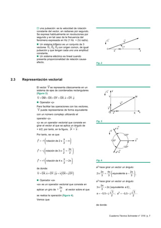 o una pulsación: es la velocidad de rotación
              constante del vector, en radianes por segundo.
              Se expresa habitualmente en revoluciones por
              segundo y en tal caso da la frecuencia del
              fenómeno expresada en Hz (1 Hz = 2 π rad/s).                   +                          V
              n Un sistema trifásico es un conjunto de 3
                       → → →
              vectores V1, V2, V3 con origen común, de igual
                                                                           O
              pulsación y que tengan cada uno una amplitud                               x                             x
              constante.
              n Un sistema eléctrico es lineal cuando
              presenta proporcionalidad de relación causa-
              efecto.                                            Fig. 2.




2.3   Representación vectorial
                        →
              El vector V se representa clásicamente en un
              sistema de ejes de coordenadas rectangulares                           y
                                                                           +
              (figura 3):
               ur uuuu uuur uuur
                     r                 r       r                                 Y                                 M
               V = OM = OX + OY = OX. x + OY . y
              n Operador «j»                                                                        V
              Para facilitar las operaciones con los vectores,
              uur                                                              y
               V puede representarse de forma equivalente
                                                                                 O       x                     X       x
              con un número complejo utilizando el
              operador «j».
                                                                 Fig. 3.
              «j» es un operador vectorial que consiste en
              girar el vector al que se aplicauuu ángulo de
                                                un uu
                                                 r   r
              + π/2; por tanto, en la figura,  jx = y .                                      aV
                                                                                     +
              Por tanto, se ve que:                                                                     120o

                                        π    
               j2 = −1  rotación de 2 x   = π                                      120o                      V
                                        2    
                                                                                                        120o
                                        π   3π 
               j = − j  rotación de 3 x
               3
                                           =    
                                        2    2                                             a2 V


                                        π      
               j4 = +1  rotación de 4 x   = 2π                 Fig. 4.
                                        2      
                                                                 a2 hace girar un vector un ángulo:
              de donde:
              ur      r        uu r
                                 r                                    2π   4π                          2π 
                                      (
              V = OX. x + OY . j y = x OX + j OY    )            2x
                                                                      3
                                                                         =
                                                                           3
                                                                                     
                                                                                      equivalente a −
                                                                                                      3 
                                                                                                          ,

              n Operador «a»                                     a3 hace girar un vector un ángulo:
              «a» es un operador vectorial que consiste en           2π
                                   2π                            3x      = 2π (equivalente a 0 ) ,
              aplicar un giro de +     al vector sobre el que         3
                                   3                                            3                   3 ,
                                                                 a = − 0,5 + j    ; a2 = − 0,5 − j
              se realiza la operación (figura 4).                              2                   2
              Vemos que:

                                                                 de donde:



                                                                                   Cuaderno Técnico Schneider n° 018 / p. 7
 