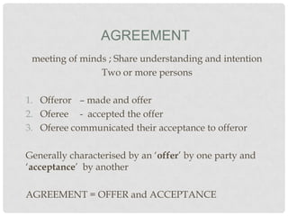 AGREEMENT
meeting of minds ; Share understanding and intention
Two or more persons
1. Offeror – made and offer
2. Oferee - accepted the offer
3. Oferee communicated their acceptance to offeror
Generally characterised by an ‘offer’ by one party and
‘acceptance’ by another
AGREEMENT = OFFER and ACCEPTANCE

 