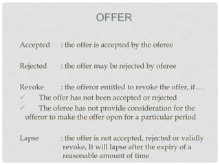 OFFER
Accepted

: the offer is accepted by the oferee

Rejected

: the offer may be rejected by oferee

Revoke
: the offeror entitled to revoke the offer, if….

The offer has not been accepted or rejected

The oferee has not provide consideration for the
offeror to make the offer open for a particular period
Lapse

: the offer is not accepted, rejected or validly
revoke, It will lapse after the expiry of a
reasonable amount of time

 