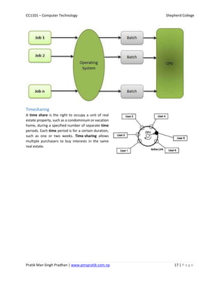 CC1101 – Computer Technology Shepherd College
Pratik Man Singh Pradhan | www.pmspratik.com.np 17 | P a g e
Timesharing
A time share is the right to occupy a unit of real
estate property, such as a condominium or vacation
home, during a specified number of separate time
periods. Each time period is for a certain duration,
such as one or two weeks. Time-sharing allows
multiple purchasers to buy interests in the same
real estate.
 