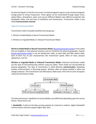 CC1101 – Computer Technology Shepherd College
Pratik Man Singh Pradhan | www.pmspratik.com.np 22 | P a g e
An electrical signal is in the form of current. An electromagnetic signal is series of electromagnetic
energy pulses at various frequencies. These signals can be transmitted through copper wires,
optical fibers, atmosphere, water and vacuum Different Medias have different properties like
bandwidth, delay, cost and ease of installation and maintenance. Transmission media is also
called Communication channel.
Types of Transmission Media
Transmission media is broadly classified into two groups.
1. Wired or Guided Media or Bound Transmission Media
2. Wireless or Unguided Media or Unbound Transmission Media
Wired or Guided Media or Bound Transmission Media: Bound transmission media are the cables
that are tangible or have physical existence and are limited by the physical geography. Popular
bound transmission media in use are twisted pair cable, co-axial cable and fiber optical cable.
Each of them has its own characteristics like transmission speed, effect of noise, physical
appearance, cost etc.
Wireless or Unguided Media or Unbound Transmission Media: Unbound transmission media
are the ways of transmitting data without using any cables. These media are not bounded by
physical geography. This type of transmission is called Wireless communication. Nowadays
wireless communication is becoming popular. Wireless LANs are being installed in office and
college campuses. This transmission uses Microwave, Radio wave, Infra red are some of popular
unbound transmission media.
The data transmission capabilities of various Medias vary differently depending upon the various
factors. These factors are:
1. Bandwidth. It refers to the data carrying capacity of a channel or medium. Higher bandwidth
communication channels support higher data rates.
 