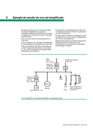 Cuaderno Técnico Schneider n° 152 / p. 25
8 Ejemplo de estudio de una red simplificada
El esquema de la figura 26 muestra el modelo
de una red simplificada que incluye un
rectificador hexafásico de 2000 kVA que inyecta
un espectro de corrientes armónicas y equipado
sucesivamente:
nnnnn de una única batería de condensadores de
1000 kVAr,
nnnnn de un dispositivo de inductancia antiarmónica
y condensadores de una potencia de 1000 kVAr,
nnnnn de una batería de dos filtros compuestos de
un shunt resonante sintonizado en el armónico
5, y de un filtro amortiguado de segundo orden
sintonizado en el armónico 7,
nnnnn la potencia de compensación de 1000 kVAr
es necesaria para situar el factor de potencia en
un valor convencional,
nnnnn las tensiones armónicas, que había en la red
de distribución de 20 kV han sido despreciadas,
por motivos de simplificación.
Mediante este ejemplo es posible comparar las
prestaciones de las 3 soluciones, pero
evidentemente es conveniente no generalizar
los resultados numéricos.
Fig. 26: Instalación con un elemento perturbador, condensadores y filtros.
Motor
Red
20 kV
cc 12,5 kA
20/5,5 kV
5 000 kVA
Ucc 7,5 %
Pcu 40 kW
5,5/0,4 kV
1 000 kVA
Ucc 5 %
Pcu 12 kW
560 kW
500 kVA cos = 0,9
Fuente perturbadora
2 000 kVA
Cond.
Induc.
+
cond.
Shunt resonante y
filtro amortiguador
de ordren 2
cha
 