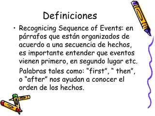 Definiciones Recognicing Sequence of Events:  en párrafos que están organizados de acuerdo a una secuencia de hechos, es importante entender que eventos vienen primero, en segundo lugar etc.  Palabras tales como: “first”, “ then”, o “after” nos ayudan a conocer el orden de los hechos. 