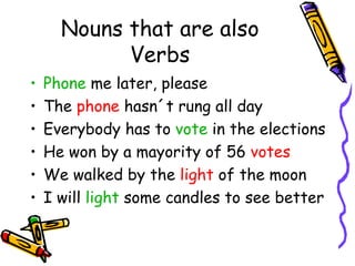 Nouns that are also Verbs Phone  me later, please The  phone  hasn´t rung all day Everybody has to  vote  in the elections He won by a mayority of   56  votes We walked by the  light  of the moon I will  light  some candles to see better 