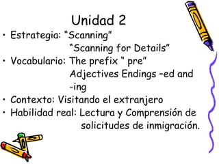 Unidad 2 Estrategia: “Scanning”  “ Scanning for Details” Vocabulario: The prefix “ pre” Adjectives Endings –ed and  -ing   Contexto: Visitando el extranjero  Habilidad real: Lectura y Comprensión de  solicitudes de inmigración.  