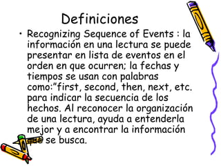 Definiciones Recognizing Sequence of Events :  la información en una lectura se puede presentar en lista de eventos en el orden en que ocurren; la fechas y tiempos se usan con palabras como:”first, second, then, next, etc. para indicar la secuencia de los hechos. Al reconocer la organización de una lectura, ayuda a entenderla mejor y a encontrar la información que se busca.  