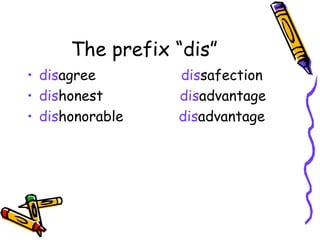 The prefix “dis” dis agree  dis safection dis honest  dis advantage  dis honorable  dis advantage 