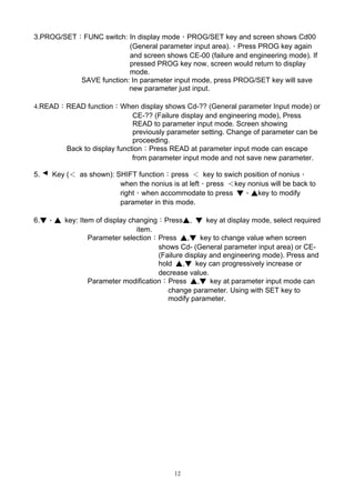 12
3.PROG/SET：FUNC switch: In display mode，PROG/SET key and screen shows Cd00
(General parameter input area).，Press PROG key again
and screen shows CE-00 (failure and engineering mode). If
pressed PROG key now, screen would return to display
mode.
SAVE function: In parameter input mode, press PROG/SET key will save
new parameter just input.
4.READ：READ function：When display shows Cd-?? (General parameter Input mode) or
CE-?? (Failure display and engineering mode), Press
READ to parameter input mode. Screen showing
previously parameter setting. Change of parameter can be
proceeding.
Back to display function：Press READ at parameter input mode can escape
from parameter input mode and not save new parameter.
5. Key (＜ as shown): SHIFT function：press ＜ key to swich position of nonius，
when the nonius is at left，press ＜key nonius will be back to
right，when accommodate to press ▼、▲key to modify
parameter in this mode.
6.▼、▲ key: Item of display changing：Press▲, ▼ key at display mode, select required
item.
Parameter selection：Press ▲,▼ key to change value when screen
shows Cd- (General parameter input area) or CE-
(Failure display and engineering mode). Press and
hold ▲,▼ key can progressively increase or
decrease value.
Parameter modification：Press ▲,▼ key at parameter input mode can
change parameter. Using with SET key to
modify parameter.
 