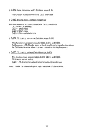 20
§ Cd22 Jump frequency width (Settable range 0-6)
This function must accommodate Cd20 and Cd21
§ Cd23 Braking mode (Settable range 0-3)
This function must accommodate Cd24, Cd25, and Cd26.
Cd23=0 No DC braking
Cd23=1 Stop mode
Cd23=2 Start mode
Cd23=3 Stop and start mode
§ Cd24 DC braking frequency (Settable range 1~60)
This function must accommodate Cd23, Cd25, and Cd26.
Set frequency of DC brake starts at the time of inverter deceleration stops,
the DC brake is active when operates below the starting frequency.
§ Cd25 DC braking voltage (Settable range 1~15)
This function must accommodate Cd23, CD24, and Cd26.
DC braking torque setting
Cd25=1-15, the higher value the higher output brake torque
Note: When DC brake voltage is high, be aware of over current.
 