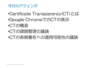 © 2015 Kenji Urushima All rights reserved.
• Certificate  Transparency(CT)とは
• Google  ChromeでのCTの表示
• CTの構造
• CTの課題整理の議論
今日のアジェンダ
 