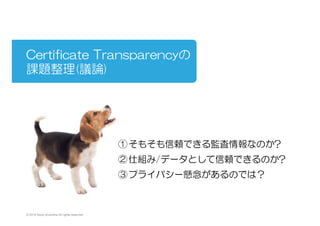 Certificate  Transparencyの
課題整理(議論)
　　　
© 2015 Kenji Urushima All rights reserved.
① そもそも信頼できる監査情報なのか?
② 仕組み/データとして信頼できるのか?
③ プライバシー懸念があるのでは？
 