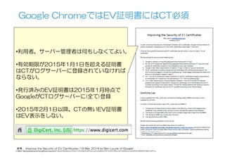 Google  ChromeではEV証明書にはCT必須
参考：  Improve  the  Security  of  EV  Certificates  (19  Mar  2014  by  Ben  Laurie  of  Google)
https://docs.google.com/a/google.com/viewer?a=v&pid=sites&srcid=ZGVmYXVsdGRvbWFpbnxjZXJ0aWZpY2F0ZXRyYW5zcGFyZW5jeXxneDo0ODhjNGRlOTIyMzYwNTcz
• 利用者、サーバー管理者は何もしなくてよい。
• 有効期限が2015年1月1日を超える証明書
はCTがログサーバーに登録されていなければ
ならない。
• 発行済みのEV証明書は2015年1月時点で
GoogleがCTログサーバーに(全て)登録
• 2015年2月1日以降、CTの無いEV証明書
はEV表示をしない。
© 2015 Kenji Urushima All rights reserved.
 