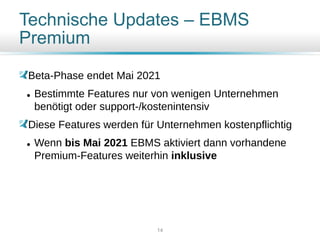 Technische Updates – EBMS
Premium
Beta-Phase endet Mai 2021
 Bestimmte Features nur von wenigen Unternehmen
benötigt oder support-/kostenintensiv
Diese Features werden für Unternehmen kostenpflichtig
 Wenn bis Mai 2021 EBMS aktiviert dann vorhandene
Premium-Features weiterhin inklusive
14
 