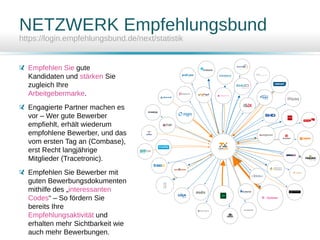 NETZWERK Empfehlungsbund
https://login.empfehlungsbund.de/next/statistik
Empfehlen Sie gute
Kandidaten und stärken Sie
zugleich Ihre
Arbeitgebermarke.
Engagierte Partner machen es
vor – Wer gute Bewerber
empfiehlt, erhält wiederum
empfohlene Bewerber, und das
vom ersten Tag an (Combase),
erst Recht langjährige
Mitglieder (Tracetronic).
Empfehlen Sie Bewerber mit
guten Bewerbungsdokumenten
mithilfe des „interessanten
Codes“ – So fördern Sie
bereits Ihre
Empfehlungsaktivität und
erhalten mehr Sichtbarkeit wie
auch mehr Bewerbungen.
 