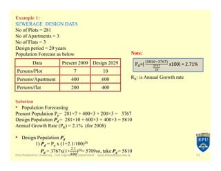 Erbil Polytechnic University Civil Engineering Department Saad.bilbas@epu.edu.iq 51
Example 1:
SEWERAGE DESIGN DATA
No of Plots = 281
No of Apartments = 3
No of Flats = 3
Design period = 20 years
Population Forecast as below
Data Present 2009 Design 2029
Persons/Plot 7 10
Persons/Apartment 400 600
Persons/flat 200 400
Solution
• Population Forecasting
Present Population Pp= 281×7 + 400×3 + 200×3 = 3767
Design Population Pd = 281×10 + 600×3 + 400×3 = 5810
Annual Growth Rate (PR) = 2.1% (for 2008)
• Design Population Pd
1) Pd = Pp x (1+2.1/100)20
Pd = 3767x(1+
.
)20= 5709so, take Pd = 5810
R=(
( )
x100) = 2.71%
Note:
RR: is Annual Growth rate
 