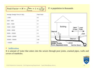 Erbil Polytechnic University Civil Engineering Department Saad.bilbas@epu.edu.iq 45
  ) P: is population in thousands.
• Infiltration
It is amount of water that enters into the sewers through poor joints, cracked pipes, walls and
covers of manholes.
 